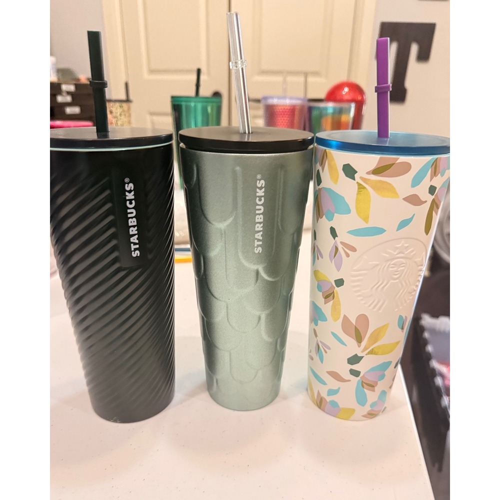 Starbucks Stainless Steel Tumbler Lot 3 Snowdrop Black Ribbed Green‎ Swirl